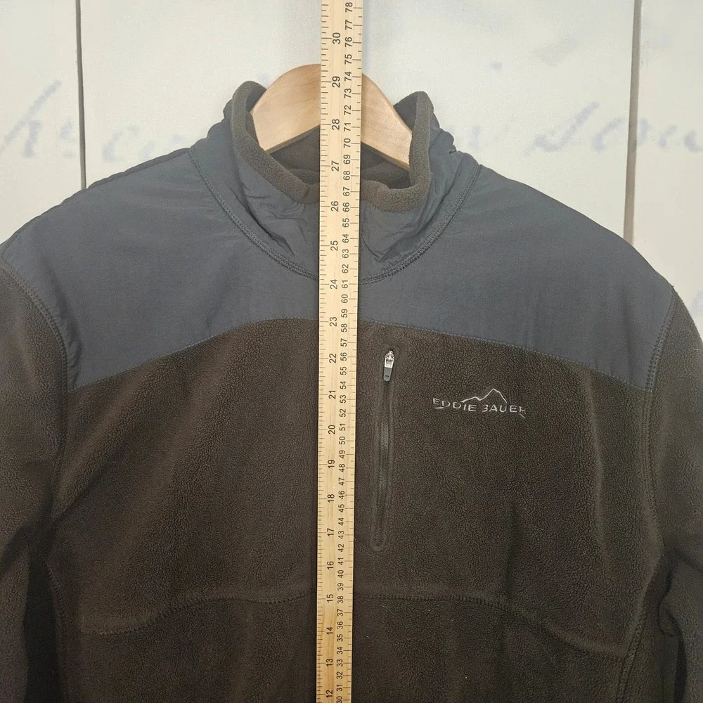 Eddie Bauer Mens Full Zip Fleece Jacket Brown Gray Woven Overlay Large 7862